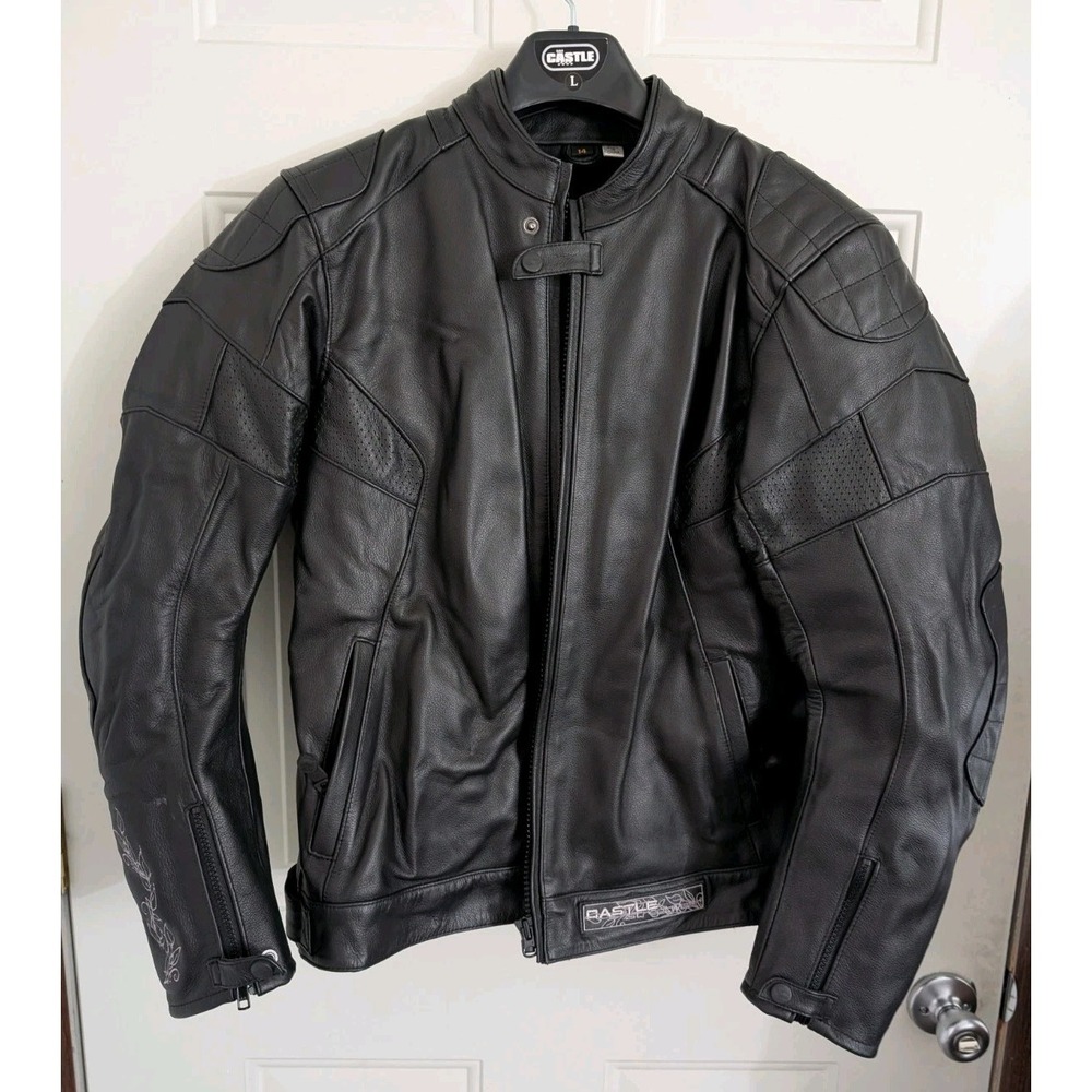 CASTLE STREETWEAR Black Leather Moto Jacket w/Full Zip-Out Liner Sz. 14 EUC‎